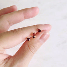 Red garnet stud earrings in 3 different shapes, round 3mm, marquise and pear cut.