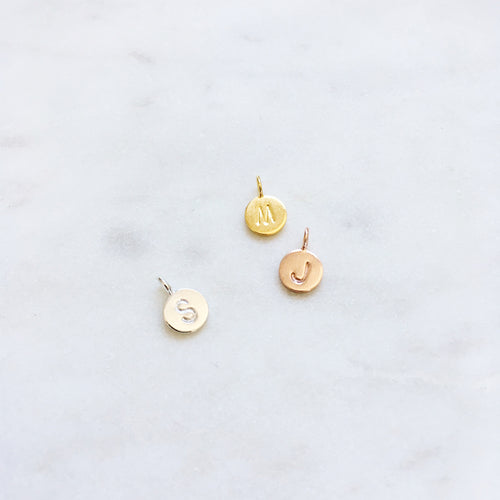 Initial pendants for personalised jewellery in gold, sterling silver and rose gold vermeil. Australian handmade